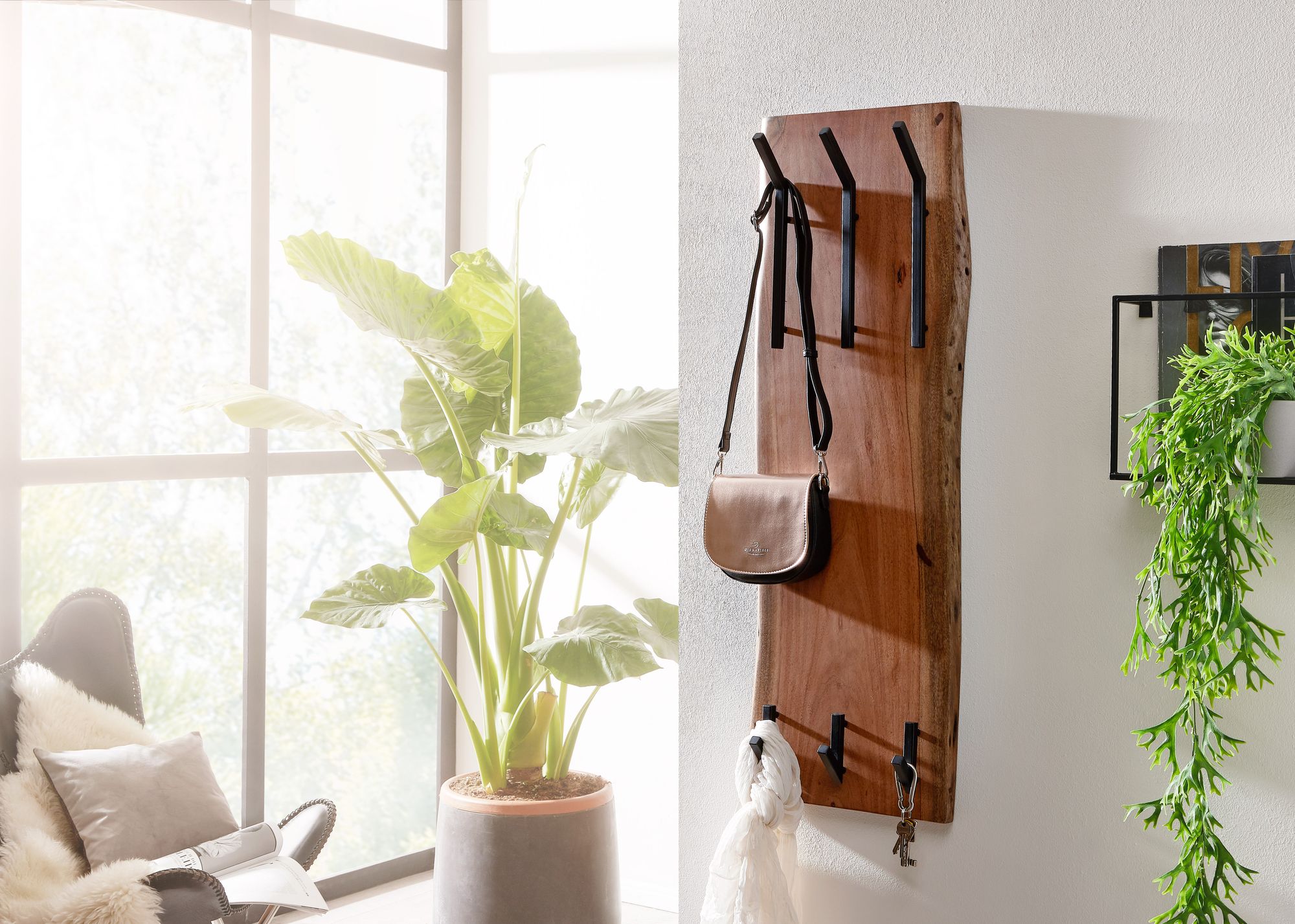 FineBuy Wandgarderobe Akazie Massivholz 36 x 100 cm Baumkante - Garderobenpaneel massiv Holz - Wand Garderobenleiste Hakenleiste - 6 Kleiderhaken | Farbe: Braun