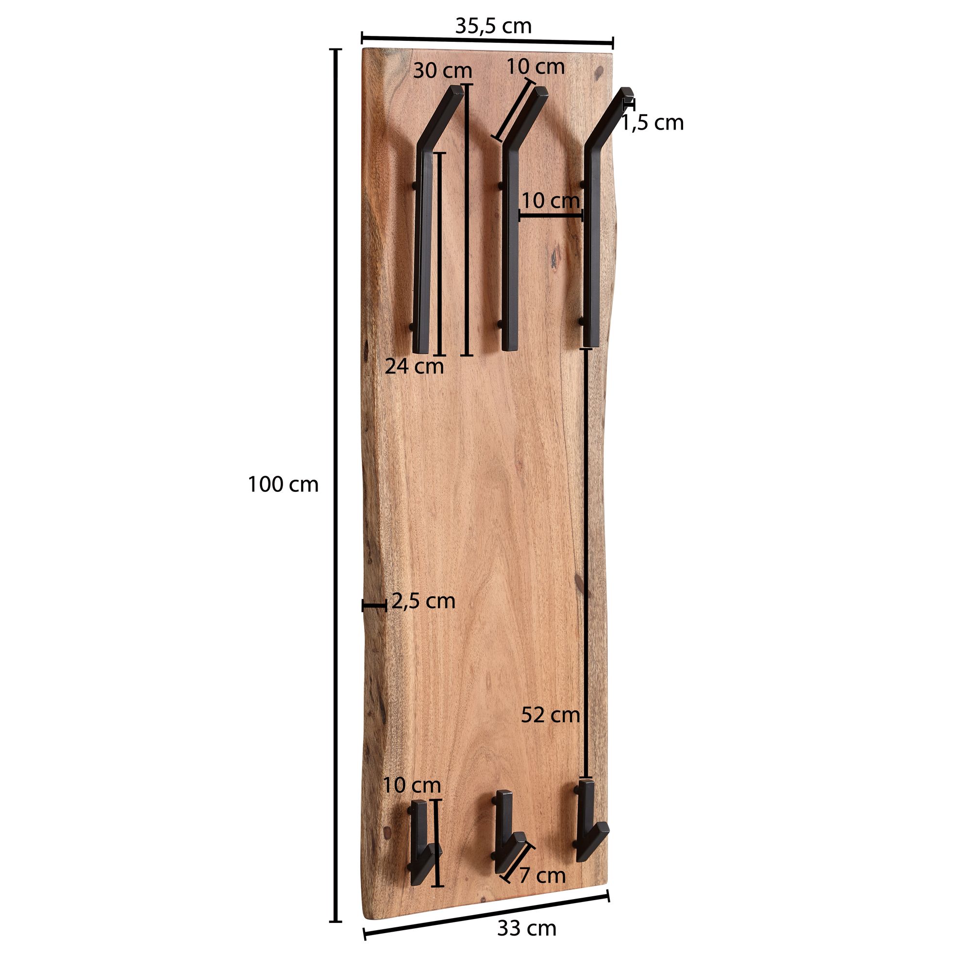 FineBuy Wandgarderobe Akazie Massivholz 36 x 100 cm Baumkante - Garderobenpaneel massiv Holz - Wand Garderobenleiste Hakenleiste - 6 Kleiderhaken | Farbe: Braun