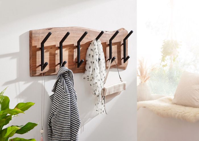 FineBuy Design Wandgarderobe Akazie Massivholz / Metall 100 x 29 x 12,5 cm, Hakenleiste Flurgarderobe Wand, Garderobe Holz 4251757704604