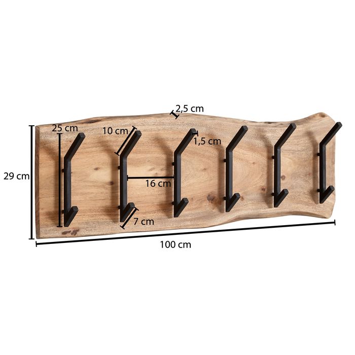 FineBuy Wandgarderobe Holz Metall 100 cm Garderobe Flur Hakenleiste Massivholz – Maßzeichnung