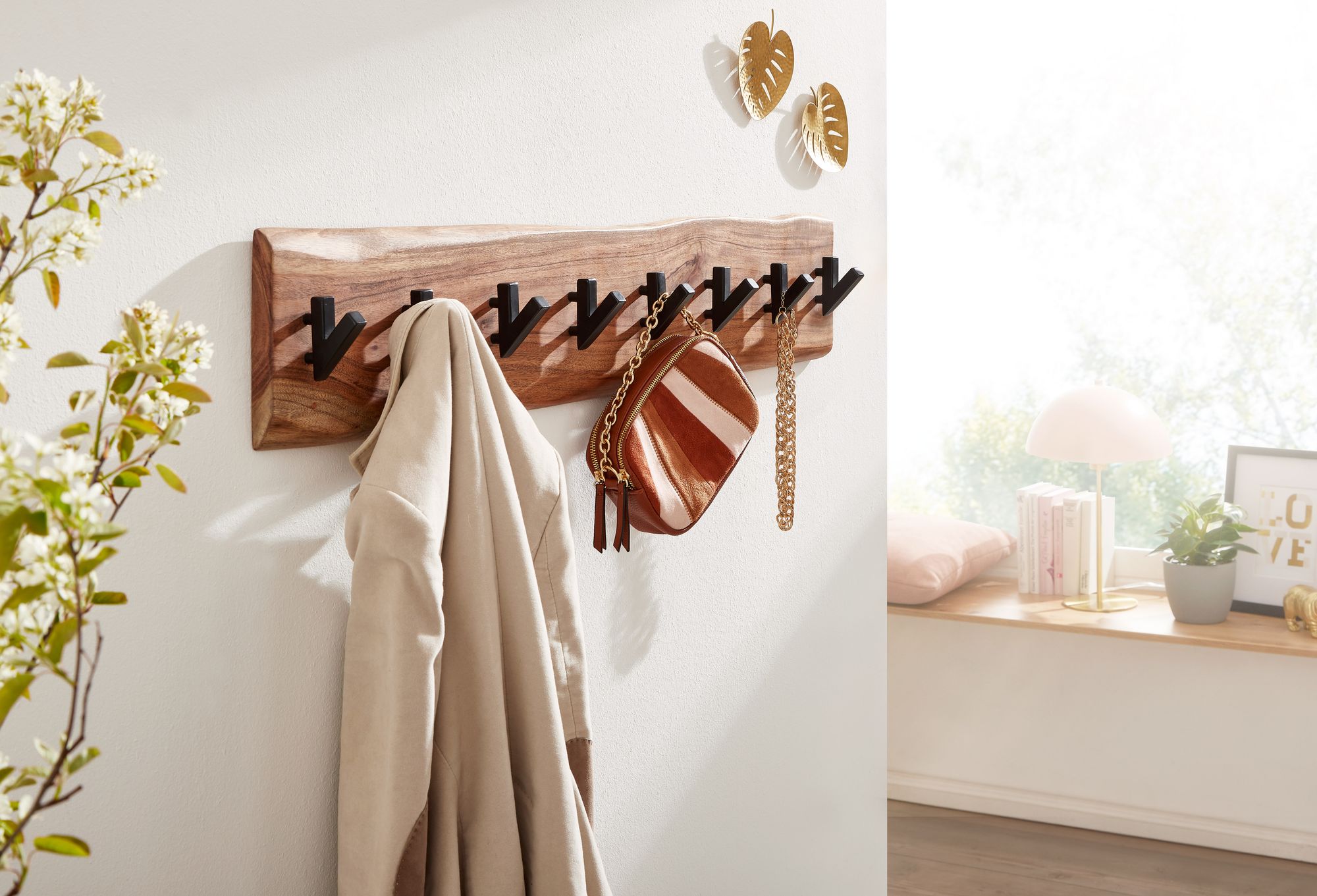 FineBuy Wandgarderobe Akazie Massivholz Baumkante - Garderobenpaneel massiv Holz - Wand Garderobenleiste Hakenleiste - Kleiderhaken | Farbe: Braun