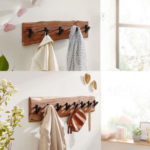 SV66556 FineBuy Design Wandgarderobe Akazie Massivholz / Metall, Hakenleiste Flurgarderobe Wand, Garderobe Holz