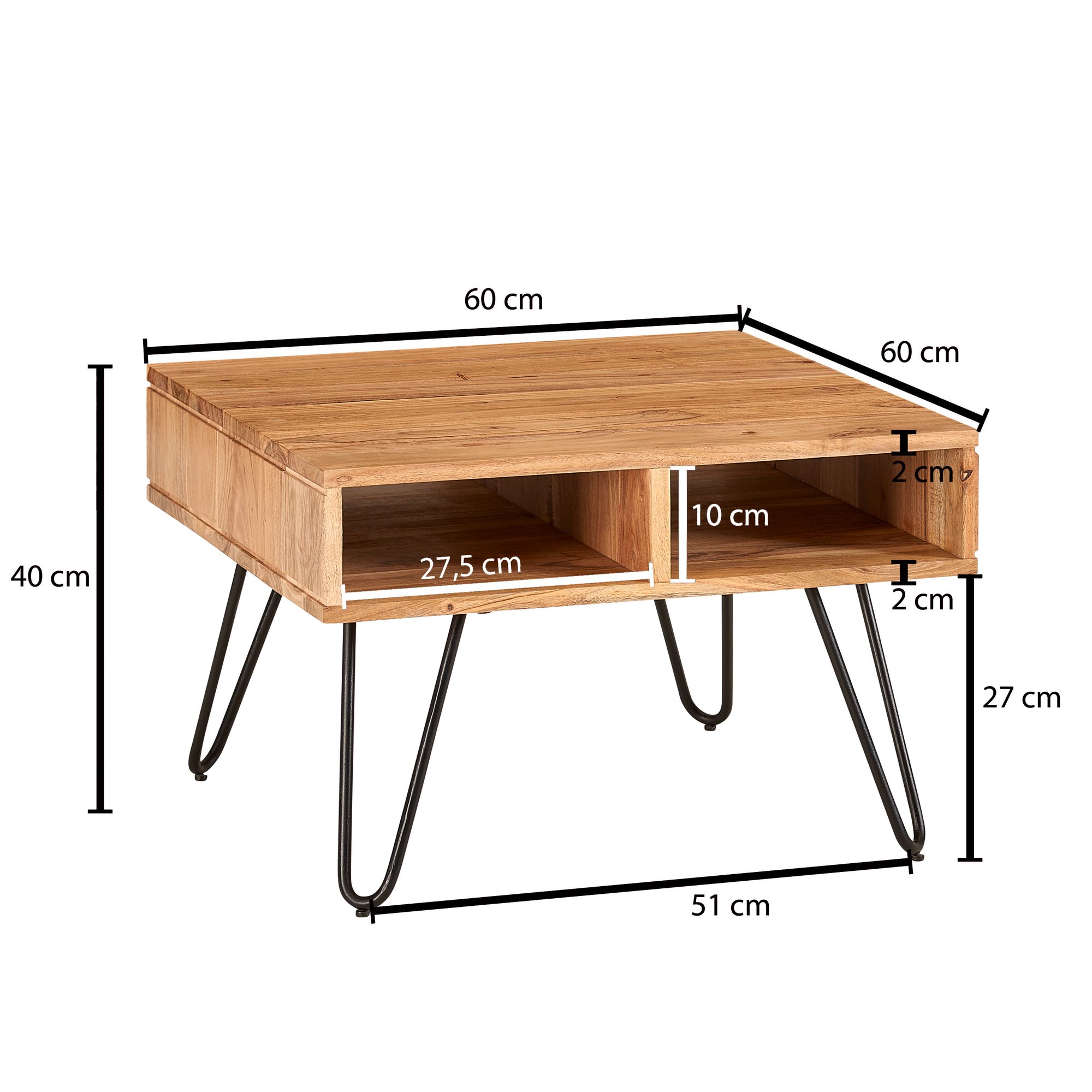 FineBuy Couchtisch quadratisch 60x60 cm Akazie Massivholz · Wohnzimmertisch mit Metall Hairpin Beinen & 2 Ablagen Stauraum · Industrial Design · Handgefertigt | Farbe: Braun