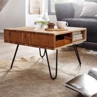 FineBuy Couchtisch quadratisch 60cm Akazie Massivholz Wohnzimmertisch mit Ablage – Ansicht 1
