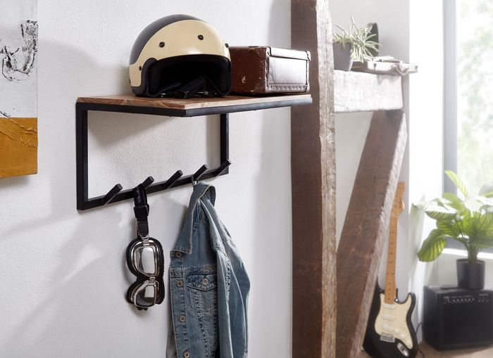 FineBuy Design Wandgarderobe Akazie Massivholz / Metall 70x27x30 cm, Hakenleiste mit Ablage, Flurgarderobe Garderobe Wand Holz 4251757704666