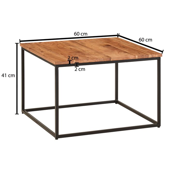 FineBuy Couchtisch quadratisch 60x60cm Akazie Massivholz Design Wohnzimmertisch – Maßzeichnung