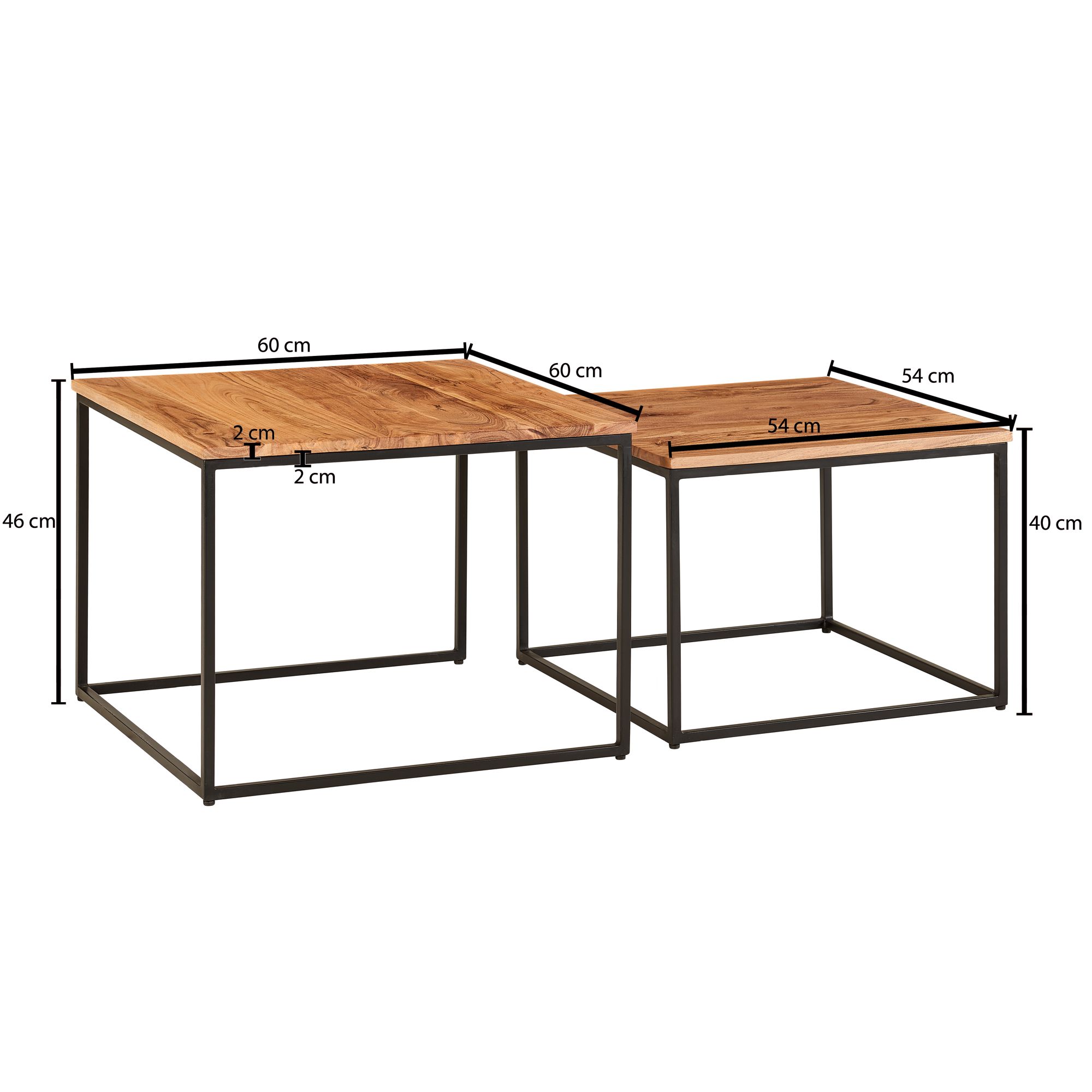FineBuy Couchtisch 2er Set Akazie Massivholz quadratisch · Wohnzimmertisch Set mit schwarzem Metallgestell · Handgefertigte Beistelltische im modernen Industrial Design Satztisch | Farbe: Braun