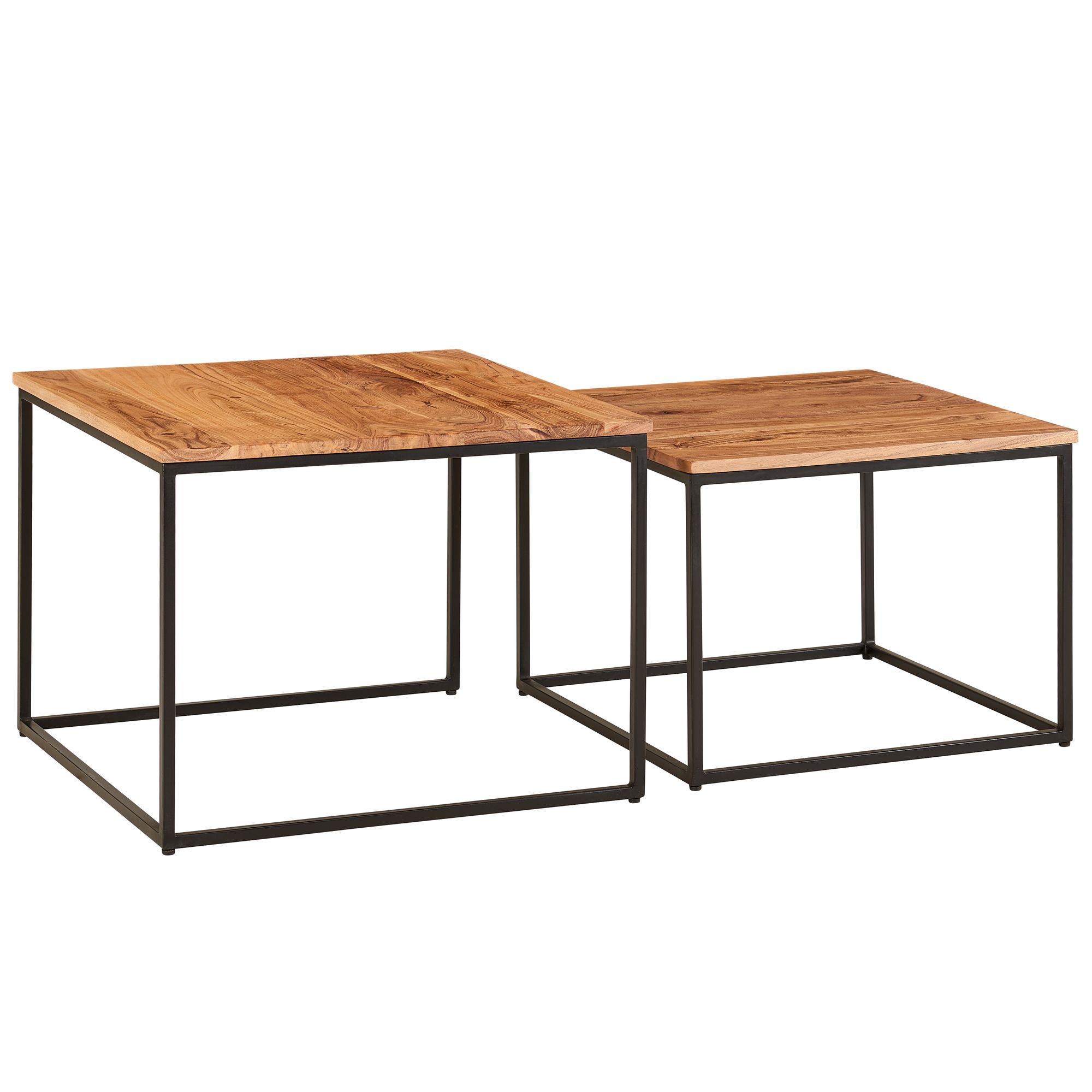 FineBuy Couchtisch 2er Set Akazie Massivholz quadratisch · Wohnzimmertisch Set mit schwarzem Metallgestell · Handgefertigte Beistelltische im modernen Industrial Design Satztisch | Farbe: Braun