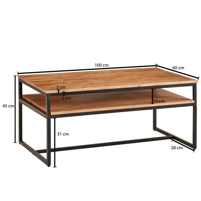 Couchtisch Akazie Massivholz 100cm rechteckig Wohnzimmertisch Ablage Loft Design – Maßzeichnung
