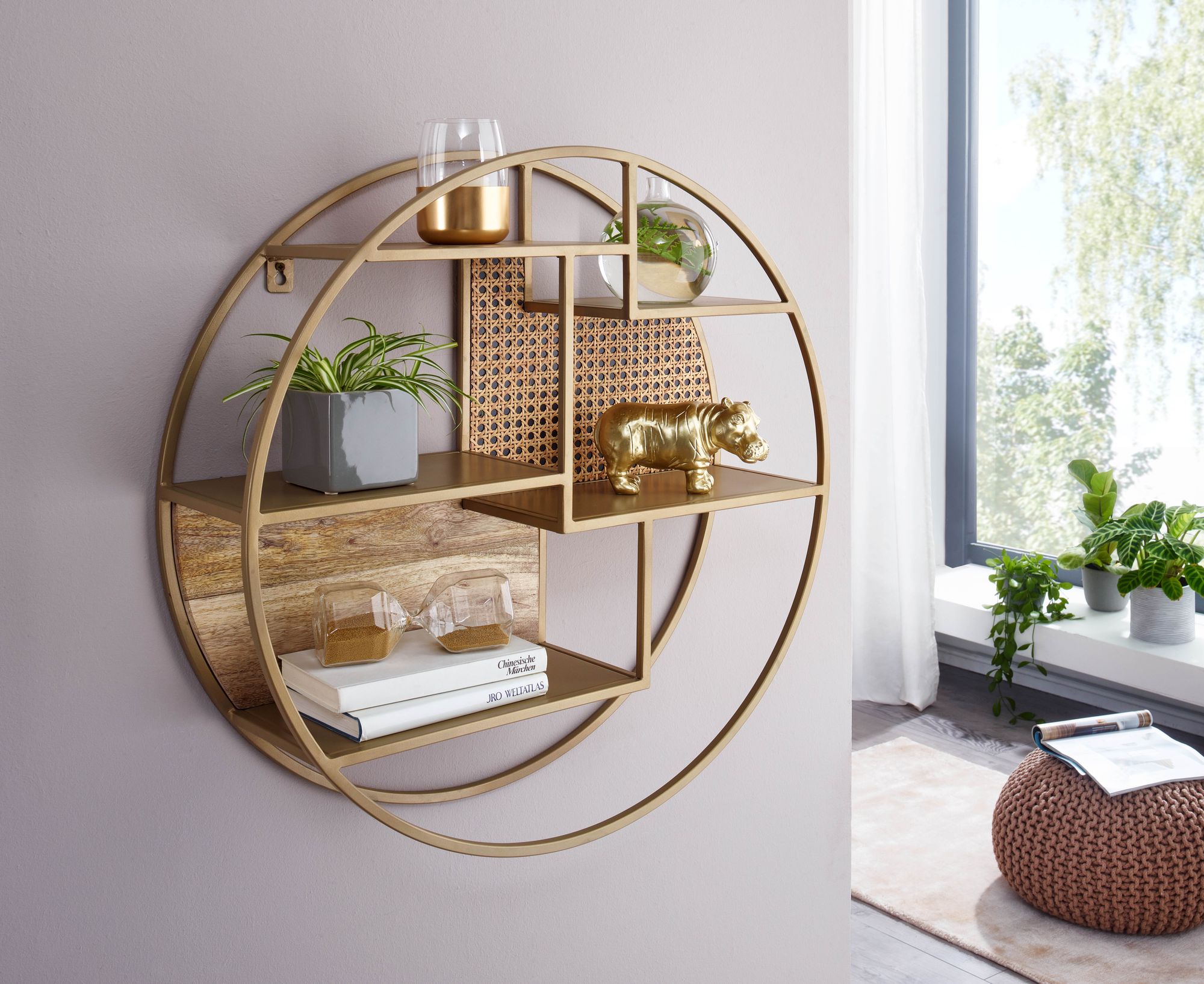 FineBuy Wandregal Rattan 62x62x17 cm Hängeregal Massivholz / Metall Industrial, Schweberegal Wiener Geflecht Rund Wand, Regal Hängend Offen Wohnzimmer | Farbe: Braun