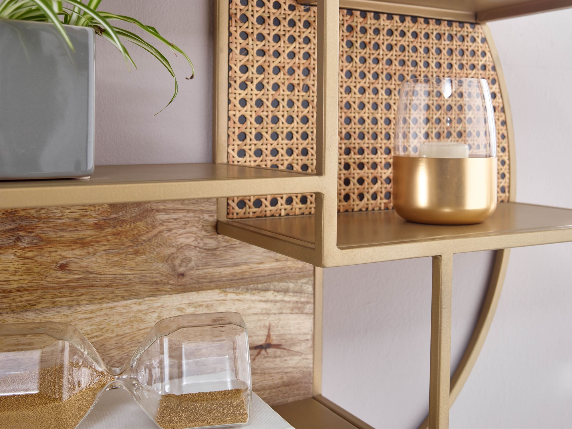 FineBuy Wandregal Rattan 62x62x17 cm Hängeregal Massivholz / Metall Industrial, Schweberegal Wiener Geflecht Rund Wand, Regal Hängend Offen Wohnzimmer | Farbe: Braun