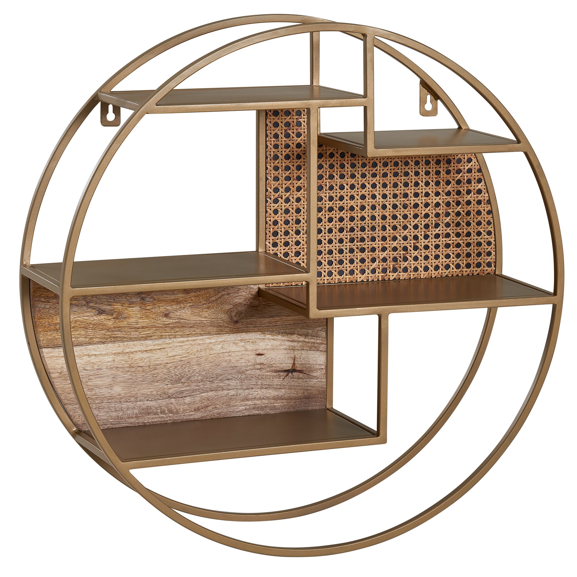 FineBuy Wandregal Rattan 62x62x17 cm Hängeregal Massivholz / Metall Industrial, Schweberegal Wiener Geflecht Rund Wand, Regal Hängend Offen Wohnzimmer | Farbe: Braun