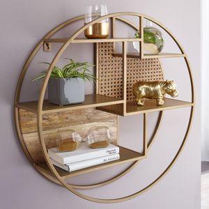 FineBuy Wandregal Rattan 62x62x17 cm Hängeregal Massivholz / Metall Industrial, Schweberegal Wiener Geflecht Rund Wand, Regal Hängend Offen Wohnzimmer 4251757705687