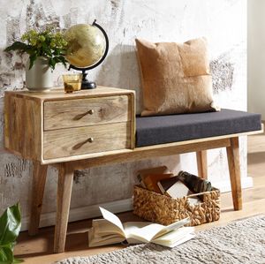 FineBuy Sitzbank Stoff / Massivholz Bank 120x65x40 cm im Retro Stil, Flur Polsterbank mit Stauraum, Gepolsterte Stoffbank Aufbewahrung Schwarz, Kleine Bettbank Flurbank