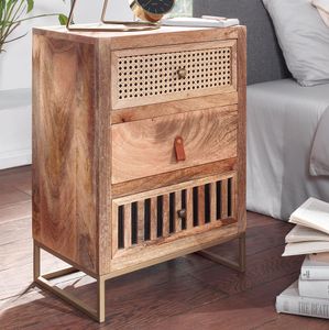 FineBuy Nachttisch Mango Massivholz / Metall 40x60x30 cm Nachtschrank Boxspringbett, Design Nachtkonsole mit 3 Schubladen, Nachtkommode Wiener Geflecht mit Stauraum