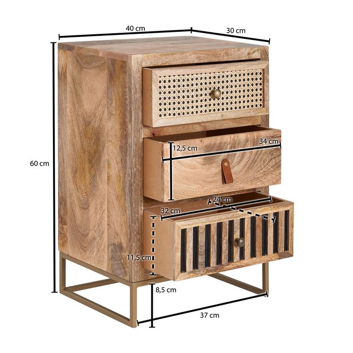 Nachttisch FineBuy Nachtkommode Boxspringbett Massivholz 60 cm Wiener Geflecht – Maßzeichnung
