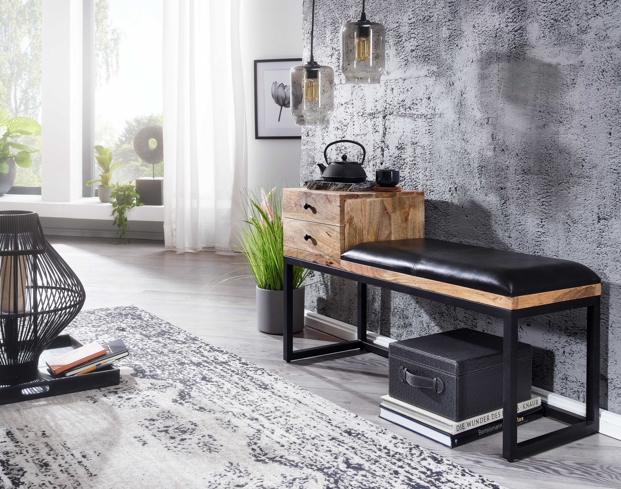 FineBuy gepolsterte Sitzbank 100 cm Massivholz Echtleder Schwarz mit Schublade - Retro Polsterbank für Garderobe, Schlafzimmer, Wohnzimmer  - Garderobenbank Eingangsbereich | Farbe: Schwarz