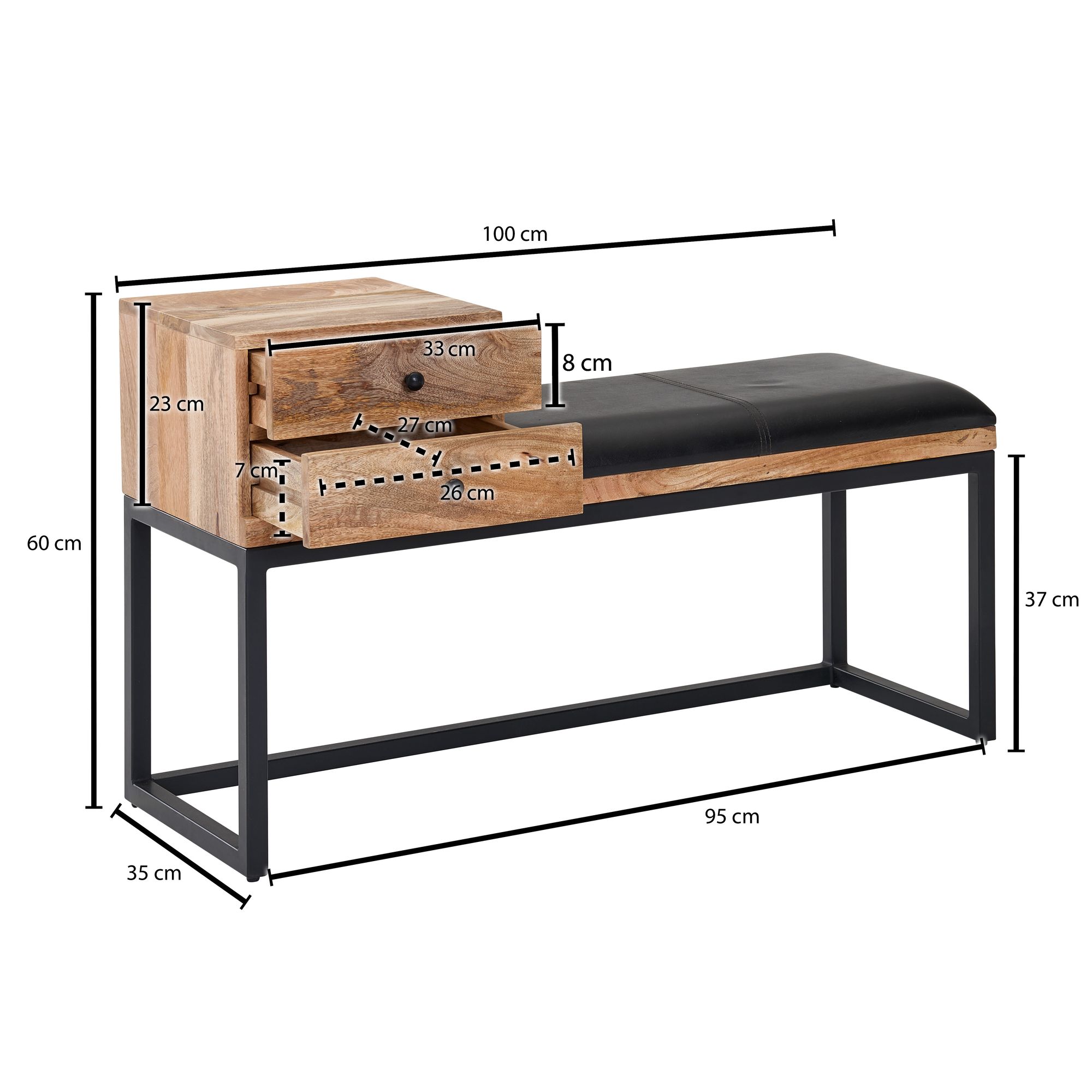 FineBuy gepolsterte Sitzbank 100 cm Massivholz Echtleder Schwarz mit Schublade - Retro Polsterbank für Garderobe, Schlafzimmer, Wohnzimmer  - Garderobenbank Eingangsbereich | Farbe: Schwarz