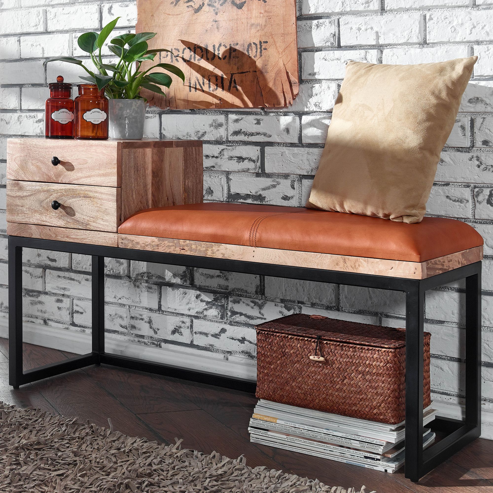 FineBuy gepolsterte Sitzbank 100 cm Massivholz Echtleder Schwarz mit Schublade - Retro Polsterbank für Garderobe, Schlafzimmer, Wohnzimmer  - Garderobenbank Eingangsbereich | Farbe: Schwarz