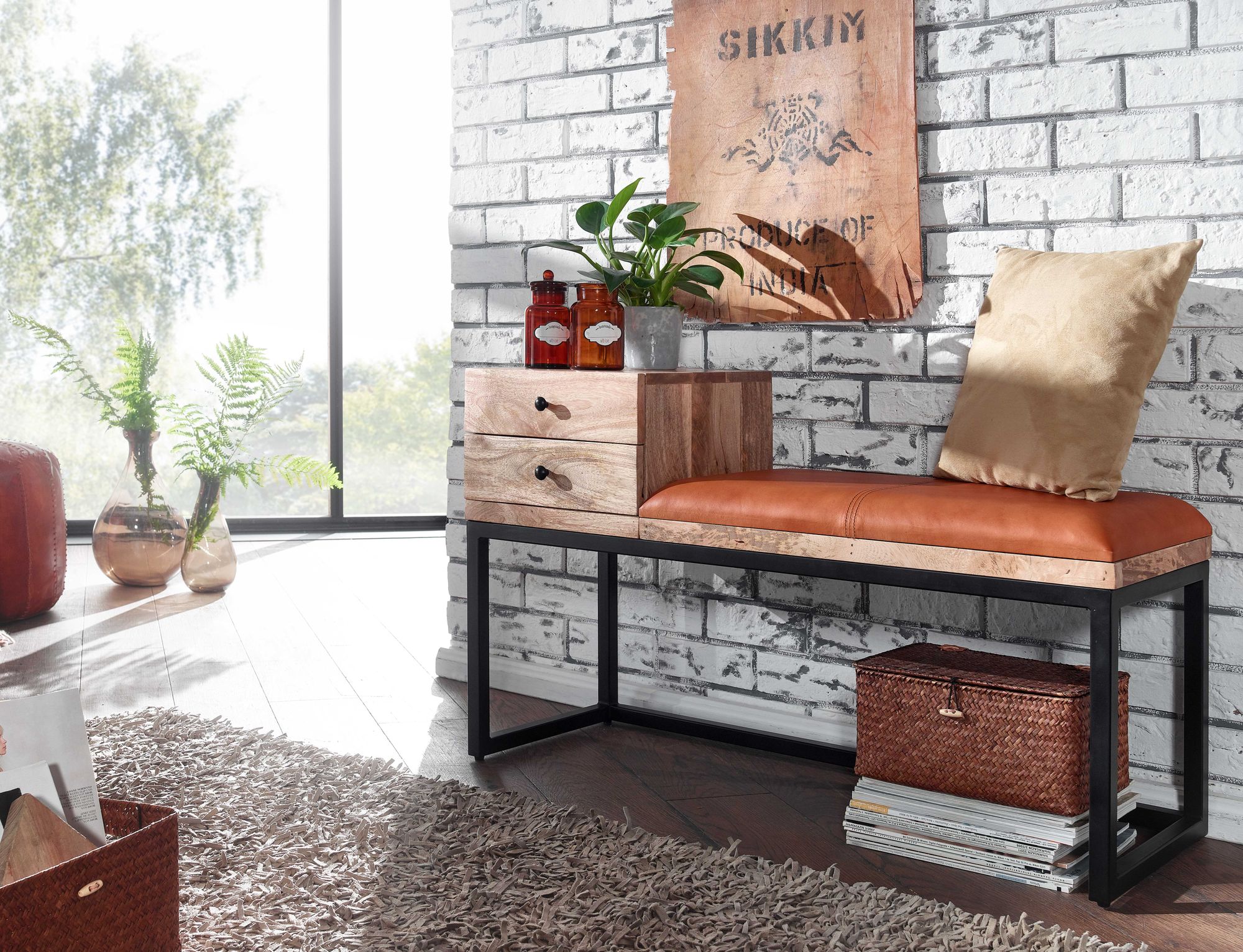 FineBuy gepolsterte Sitzbank 100 cm Massivholz Echtleder Schwarz mit Schublade - Retro Polsterbank für Garderobe, Schlafzimmer, Wohnzimmer  - Garderobenbank Eingangsbereich | Farbe: Schwarz