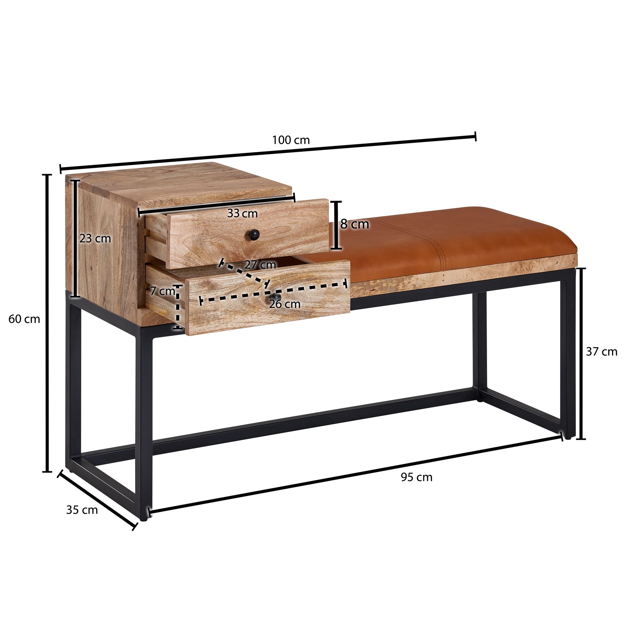 FineBuy gepolsterte Sitzbank 100 cm Massivholz Echtleder Schwarz mit Schublade - Retro Polsterbank für Garderobe, Schlafzimmer, Wohnzimmer  - Garderobenbank Eingangsbereich | Farbe: Schwarz