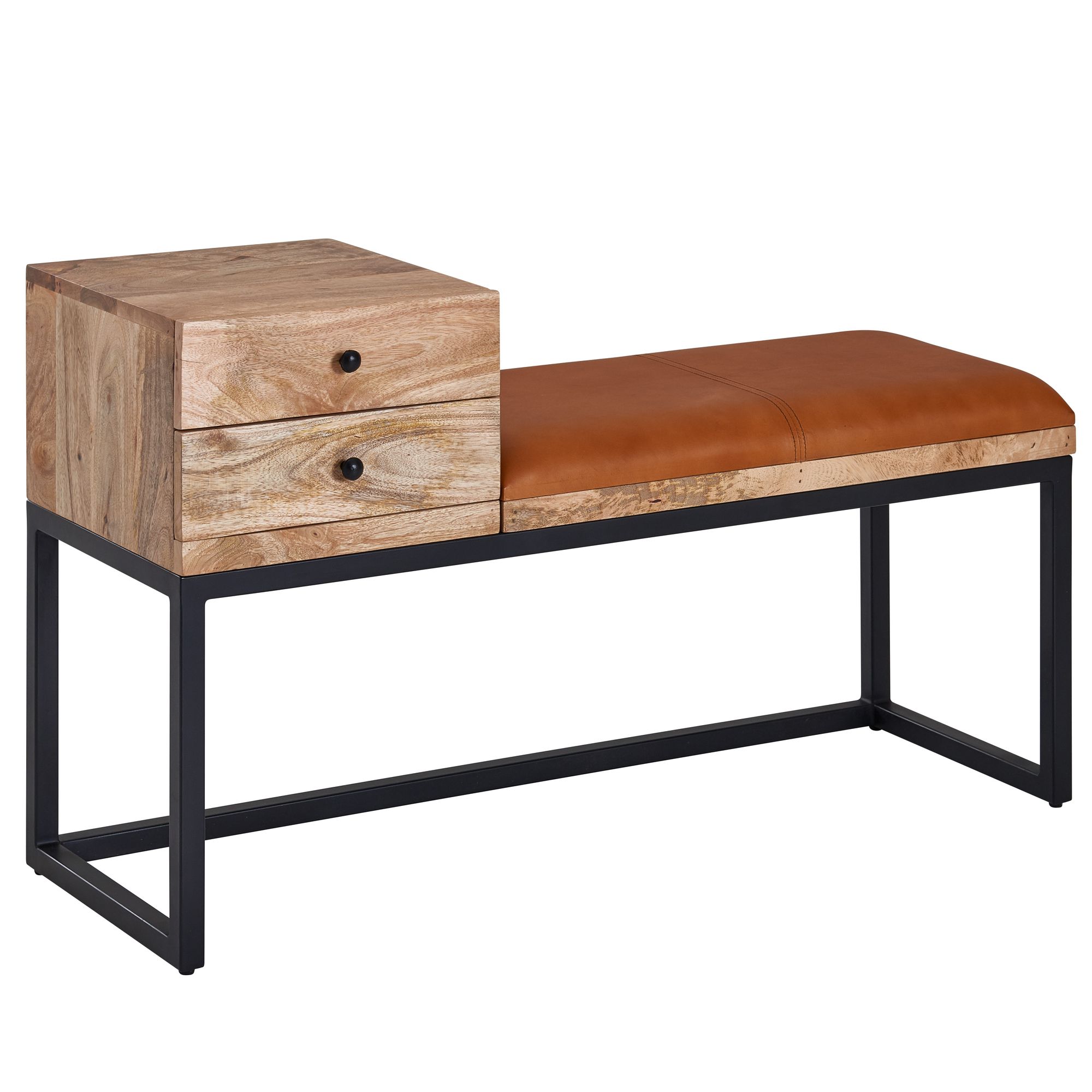 FineBuy gepolsterte Sitzbank 100 cm Massivholz Echtleder Schwarz mit Schublade - Retro Polsterbank für Garderobe, Schlafzimmer, Wohnzimmer  - Garderobenbank Eingangsbereich | Farbe: Schwarz