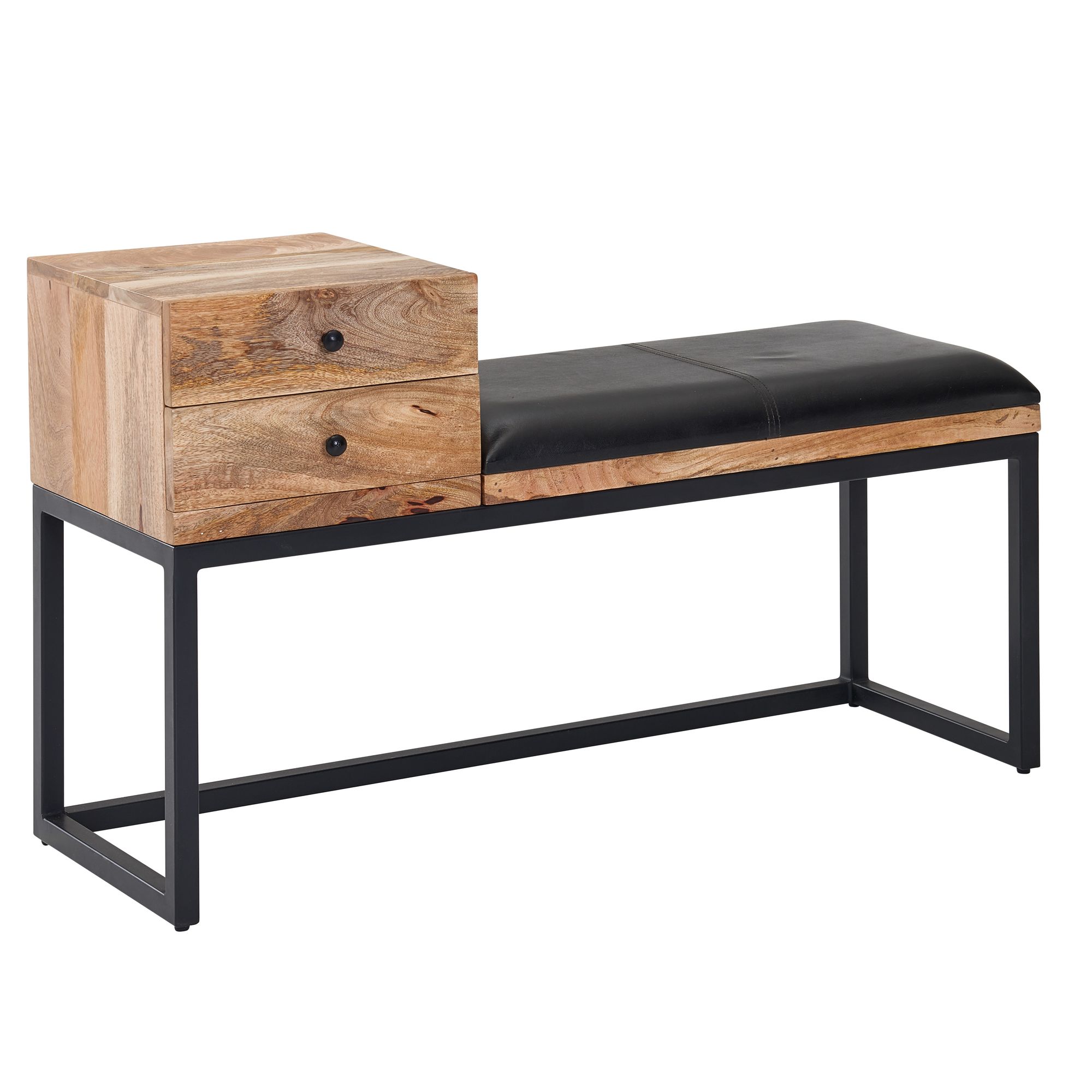 FineBuy gepolsterte Sitzbank 100 cm Massivholz Echtleder Schwarz mit Schublade - Retro Polsterbank für Garderobe, Schlafzimmer, Wohnzimmer  - Garderobenbank Eingangsbereich | Farbe: Schwarz