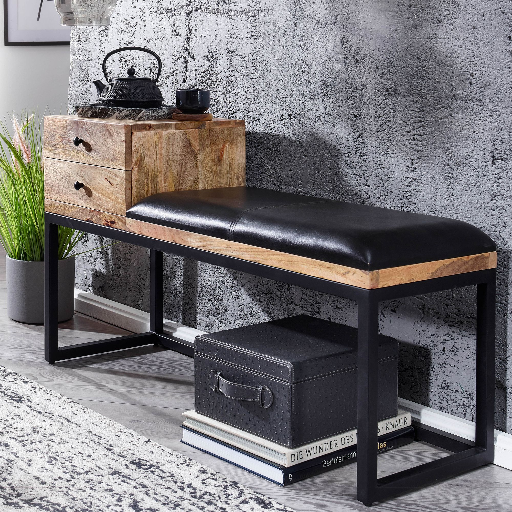 FineBuy gepolsterte Sitzbank 100 cm Massivholz Echtleder Schwarz mit Schublade - Retro Polsterbank für Garderobe, Schlafzimmer, Wohnzimmer  - Garderobenbank Eingangsbereich | Farbe: Schwarz