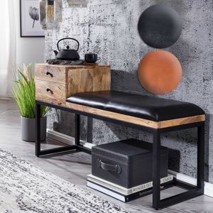 FineBuy Sitzbank Ziegenleder / Massivholz Bank 100x60x35 cm im Retro Stil, Flur Polsterbank Metall mit Stauraum, Gepolsterte Lederbank Aufbewahrung, Kleine Bettbank Flurbank