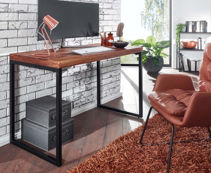 FineBuy Schreibtisch Sheesham Massivholz / Metall 117x59x76,5 cm Computertisch, Design Bürotisch Klein Dunkel, Laptoptisch Arbeitszimmer 4251757705892