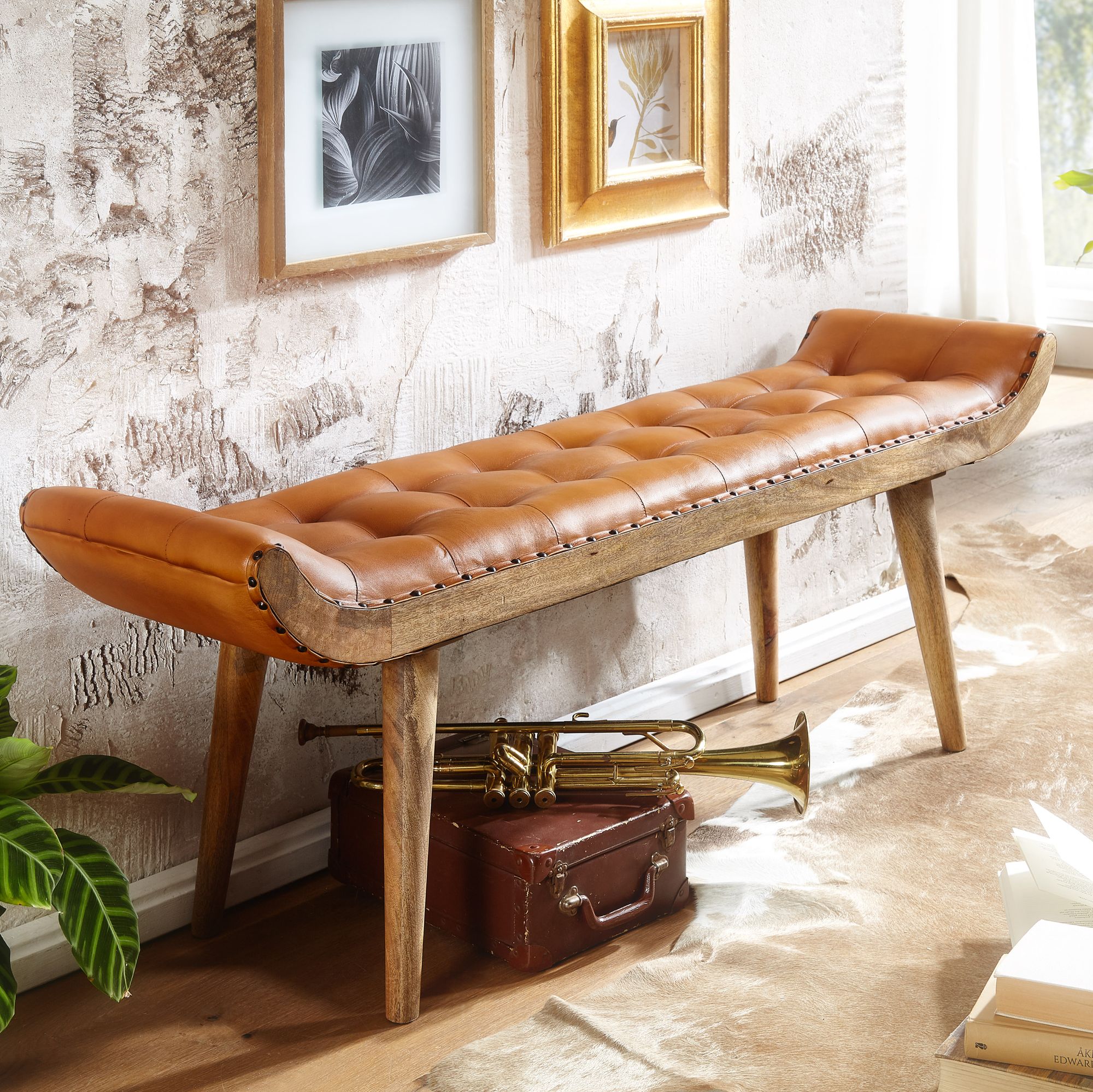 FineBuy Sitzbank Echtleder / Massivholz Bank Braun 125x50x38 cm Chesterfield, Design Polsterbank Flur, Lederbank Bettbank 2 Personen, Flurbank Modern | Farbe: Braun FineBuy Sitzbank Echtleder / Massivholz Bank Braun 125x50x38 cm Chesterfield, Design Polsterbank Flur, Lederbank Bettbank 2 Personen, Flurbank Modern | Farbe: Braun