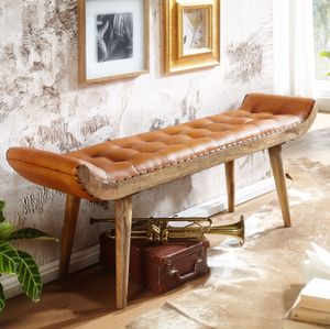 FineBuy Sitzbank Echtleder / Massivholz Bank Braun 125x50x38 cm Chesterfield, Design Polsterbank Flur, Lederbank Bettbank 2 Personen, Flurbank Modern 4251757705946