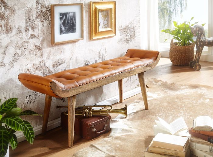 FineBuy Sitzbank Echtleder / Massivholz Bank Braun 125x50x38 cm Chesterfield, Design Polsterbank Flur, Lederbank Bettbank 2 Personen, Flurbank Modern 4251757705946