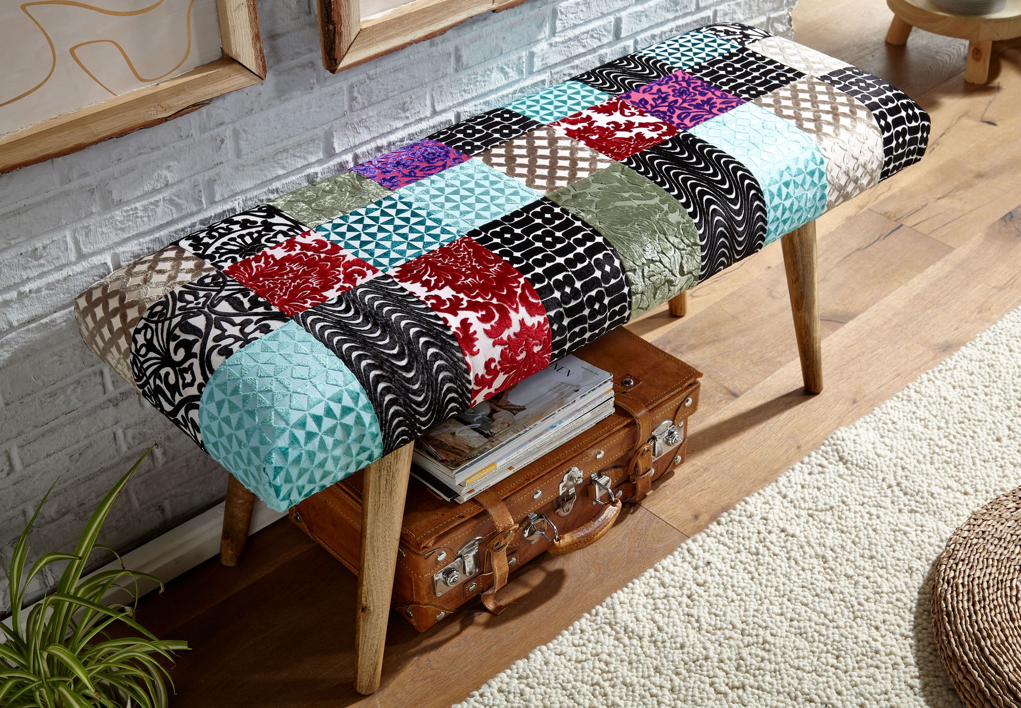 FineBuy gepolsterte Sitzbank 120 cm Patchwork - Retro Polsterbank für Garderobe Schlafzimmer & Wohnzimmer - Garderobenbank Eingangsbereich - Handmade | Farbe: Bunt