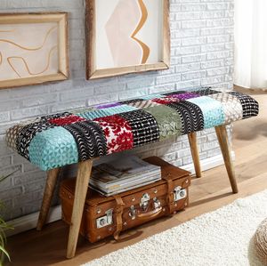 FineBuy Sitzbank Samt / Massivholz Bank Bunt 117x51x38 cm Bettbank Patchwork, Design Polsterbank Flur Modern, Gepolsterte Stoffbank Esszimmer, Flurbank ohne Lehne 4251757705953