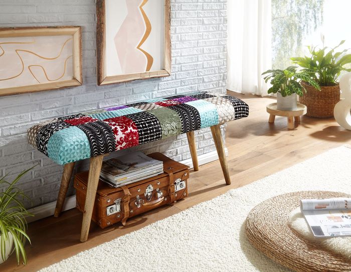 FineBuy Sitzbank Samt / Massivholz Bank Bunt 117x51x38 cm Bettbank Patchwork, Design Polsterbank Flur Modern, Gepolsterte Stoffbank Esszimmer, Flurbank ohne Lehne 4251757705953