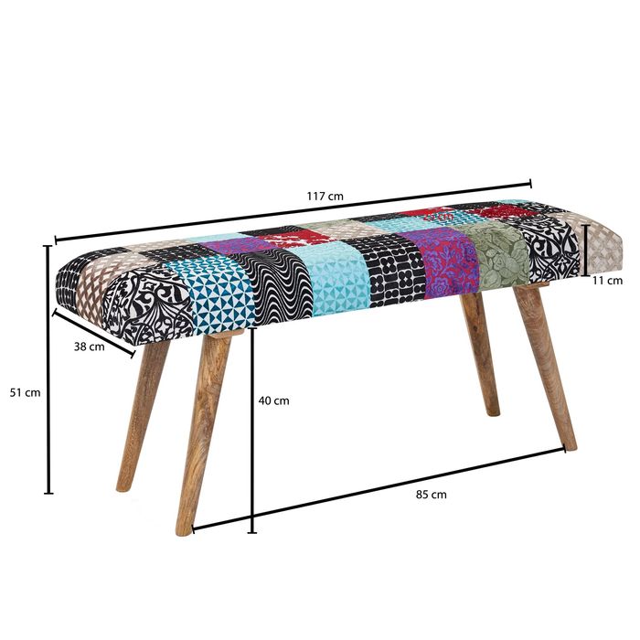 Sitzbank FineBuy Bettbank Samt 117 cm Patchwork Flurbank Polsterbank Bank Modern – Maßzeichnung
