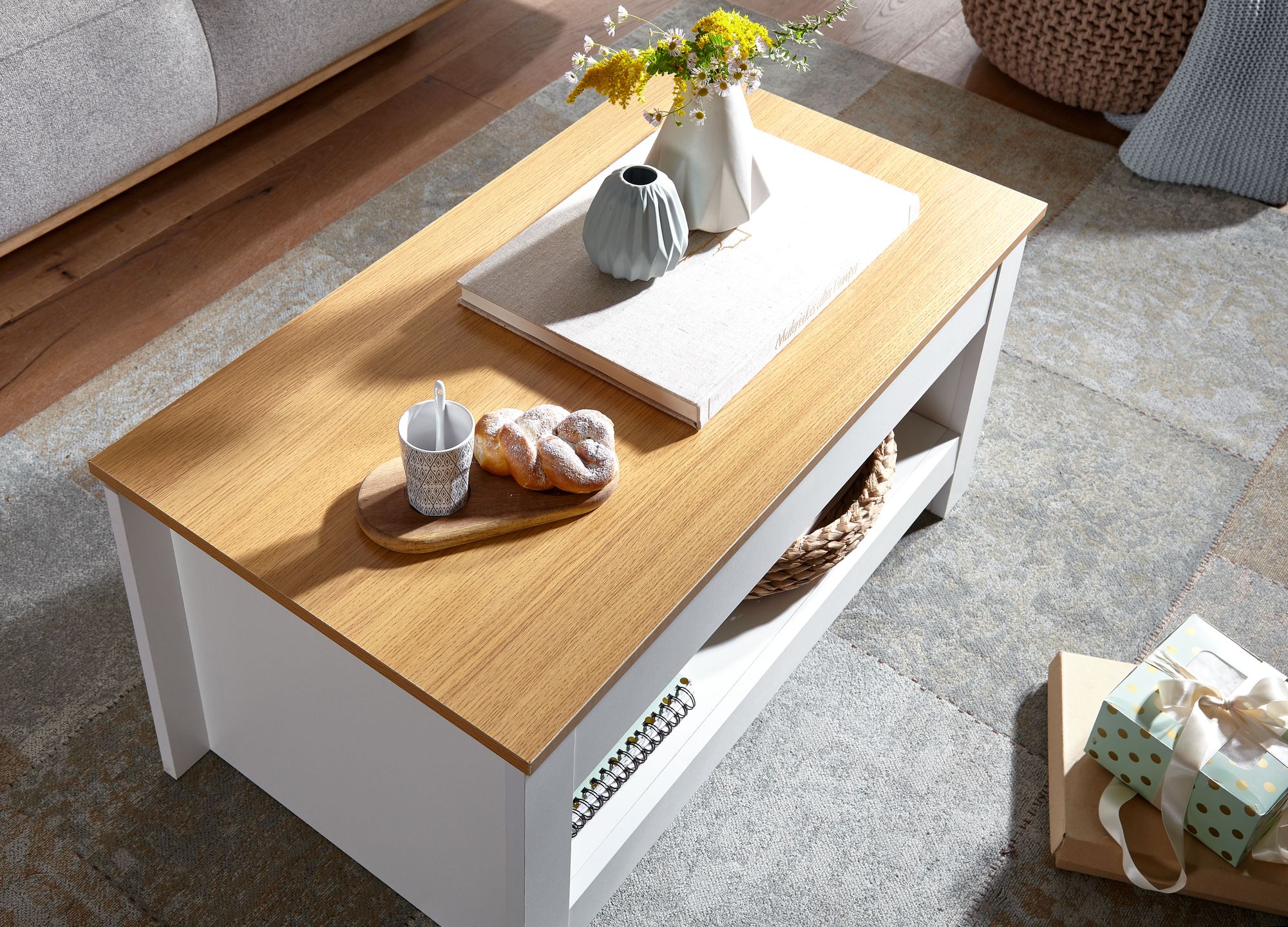 FineBuy Couchtisch Weiß / Eiche 85x47x45 cm Wohnzimmertisch mit Stauraum, Design Sofatisch mit Ablagefach Modern, Kaffeetisch Loungetisch Eckig | Farbe: Weiß