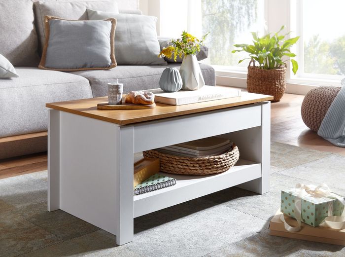 FineBuy Couchtisch Weiß / Eiche 85x47x45 cm Wohnzimmertisch mit Stauraum, Design Sofatisch mit Ablagefach Modern, Kaffeetisch Loungetisch Eckig 4251757706028