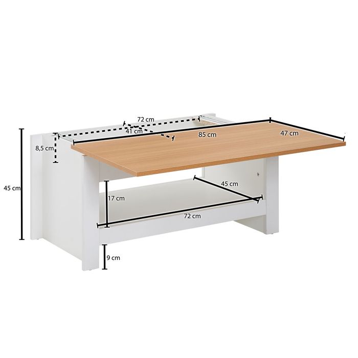 Couchtisch FineBuy Wohnzimmertisch Weiß 85x47x42cm Sofatisch Tisch mit Stauraum – Maßzeichnung