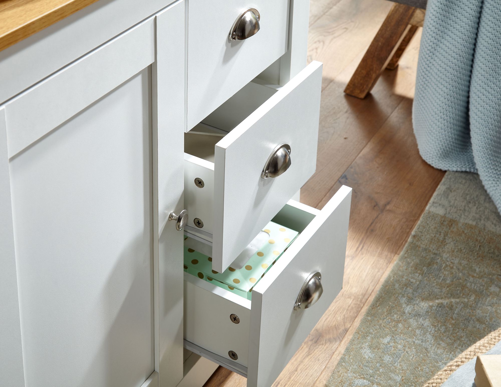 FineBuy Sideboard mit 3 Schubladen 79x81x35 cm Kommode Weiß / Eiche Modern, Design Anrichte Hoch mit Tür, Schubladenkommode Wohnzimmer | Farbe: Weiß