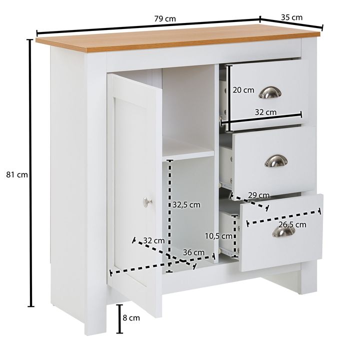 Sideboard 80 cm MDF Weiß & Eiche Dekor Design Kommode mit 3 Schubladen & 1 Tür – Maßzeichnung