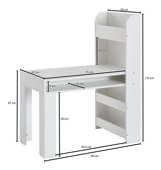Kinderschreibtisch FineBuy Weiß 90x50x110 cm Schülerschreibtisch Tisch mit Regal – Maßzeichnung