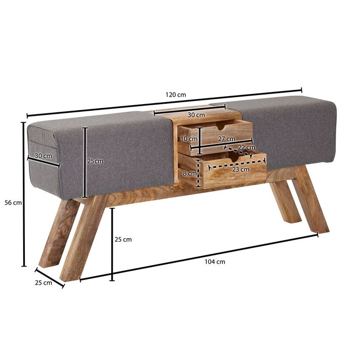 Sitzbank FineBuy Turnbock Stoff 120 cm Grau Springbock Stauraum Turnhocker Bank – Maßzeichnung