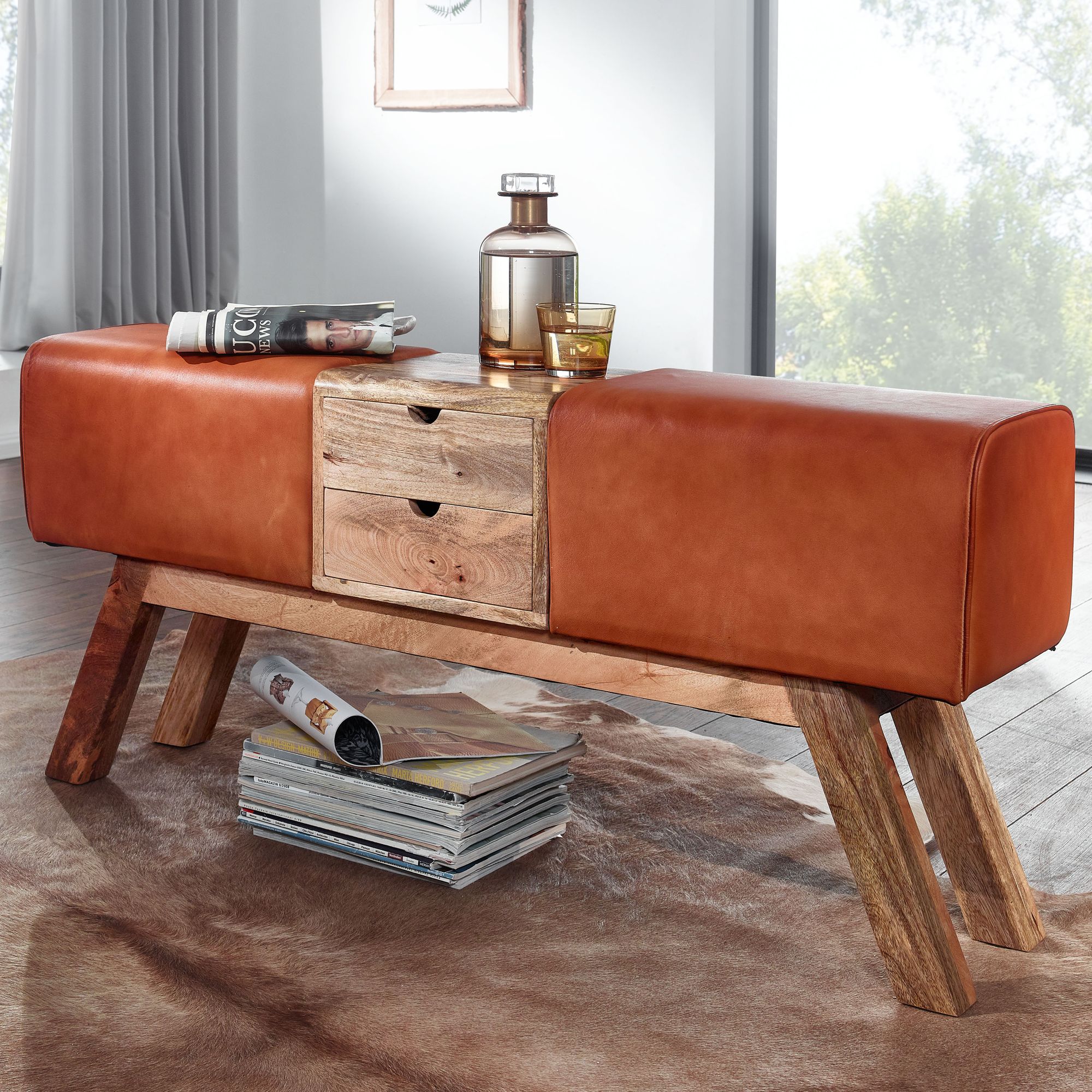 FineBuy Design Turnbock Sitzbank Braun mit Schubladen 120x56x30 cm, Turnhocker Bank aus Echtleder mit Stauraum, Hocker Garderobenbank Sitzhocker Springbock Turnbank | Farbe: Braun FineBuy Design Turnbock Sitzbank Braun mit Schubladen 120x56x30 cm, Turnhocker Bank aus Echtleder mit Stauraum, Hocker Garderobenbank Sitzhocker Springbock Turnbank | Farbe: Braun