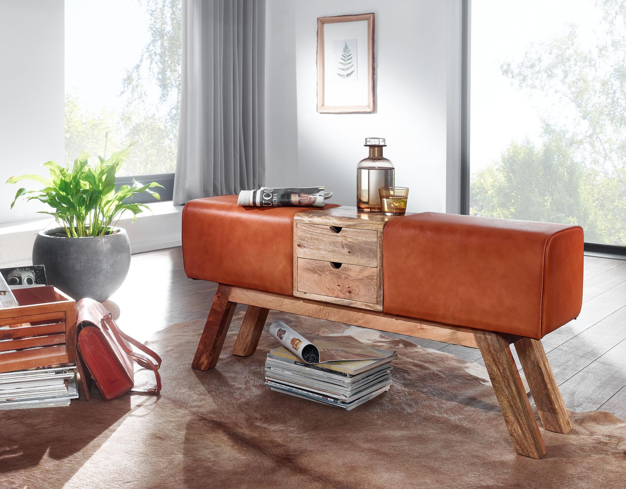 FineBuy Design Turnbock Sitzbank Braun mit Schubladen 120x56x30 cm, Turnhocker Bank aus Echtleder mit Stauraum, Hocker Garderobenbank Sitzhocker Springbock Turnbank | Farbe: Braun FineBuy Design Turnbock Sitzbank Braun mit Schubladen 120x56x30 cm, Turnhocker Bank aus Echtleder mit Stauraum, Hocker Garderobenbank Sitzhocker Springbock Turnbank | Farbe: Braun