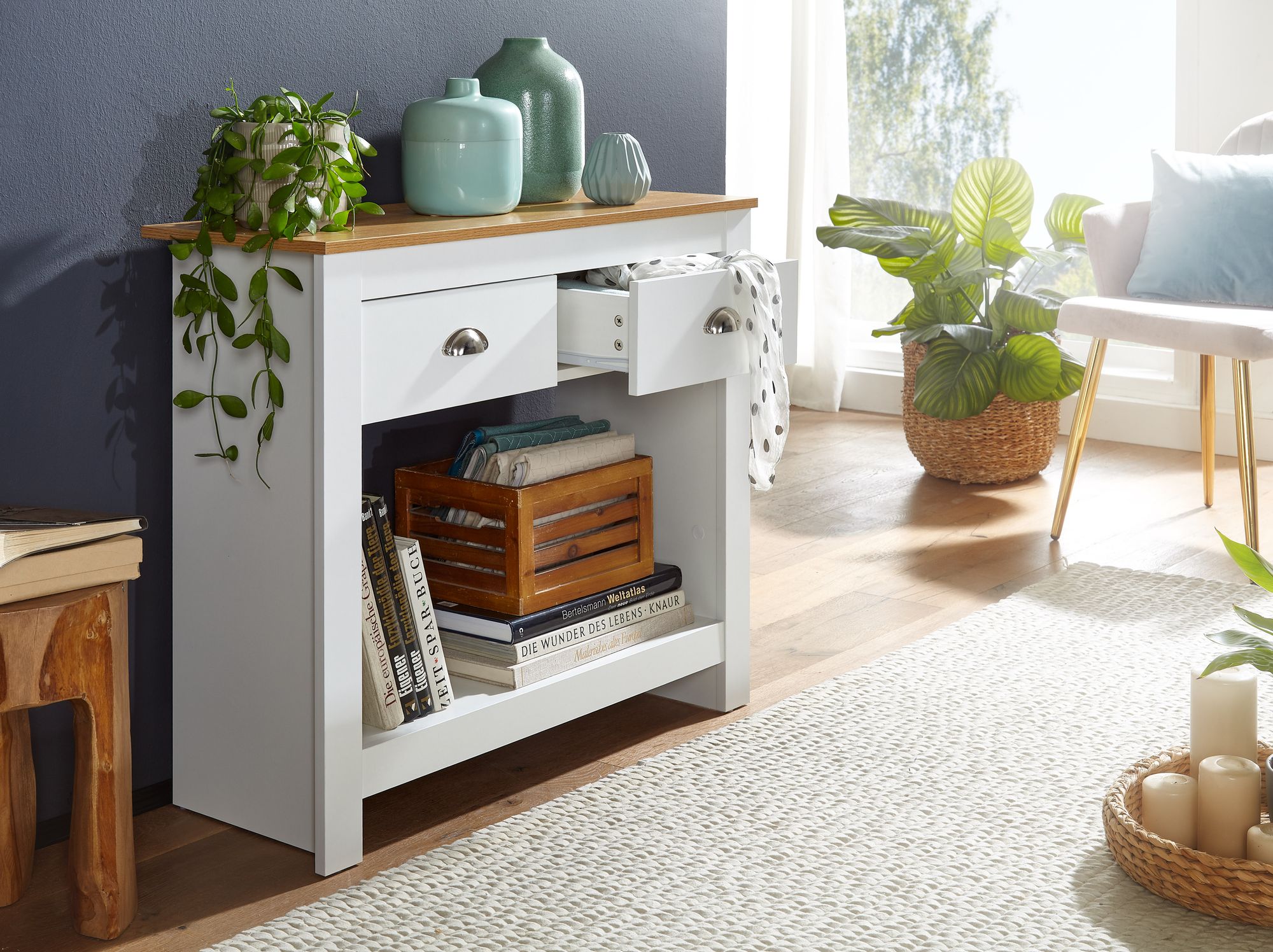 FineBuy Konsolentisch 85x35x76 cm Weiß / Eiche Design Anrichte Modern Schmal, Ablagetisch Flur mit Schubladen & Stauraum, Flurtisch Hoch | Farbe: Weiß FineBuy Konsolentisch 85x35x76 cm Weiß / Eiche Design Anrichte Modern Schmal, Ablagetisch Flur mit Schubladen & Stauraum, Flurtisch Hoch | Farbe: Weiß