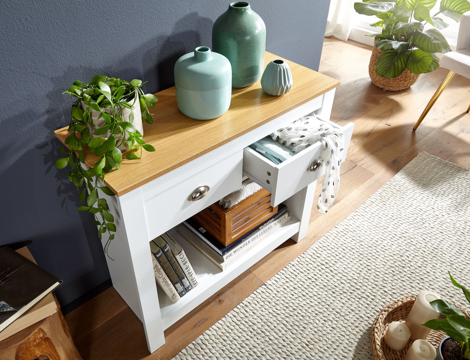 FineBuy Konsolentisch 85x35x76 cm Weiß / Eiche Design Anrichte Modern Schmal, Ablagetisch Flur mit Schubladen & Stauraum, Flurtisch Hoch | Farbe: Weiß FineBuy Konsolentisch 85x35x76 cm Weiß / Eiche Design Anrichte Modern Schmal, Ablagetisch Flur mit Schubladen & Stauraum, Flurtisch Hoch | Farbe: Weiß