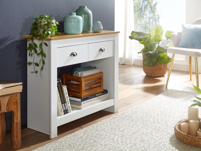 FineBuy Konsolentisch 85x35x76 cm Weiß / Eiche Design Anrichte Modern Schmal, Ablagetisch Flur mit Schubladen & Stauraum, Flurtisch Hoch 4251757706110