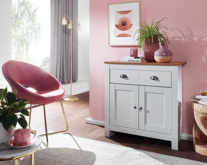 FineBuy Sideboard mit 2 Schubladen 79x81x34,5 cm Kommode Weiß / Eiche Modern, Design Anrichte Hoch mit Türen, Schubladenkommode Wohnzimmer 4251757706127